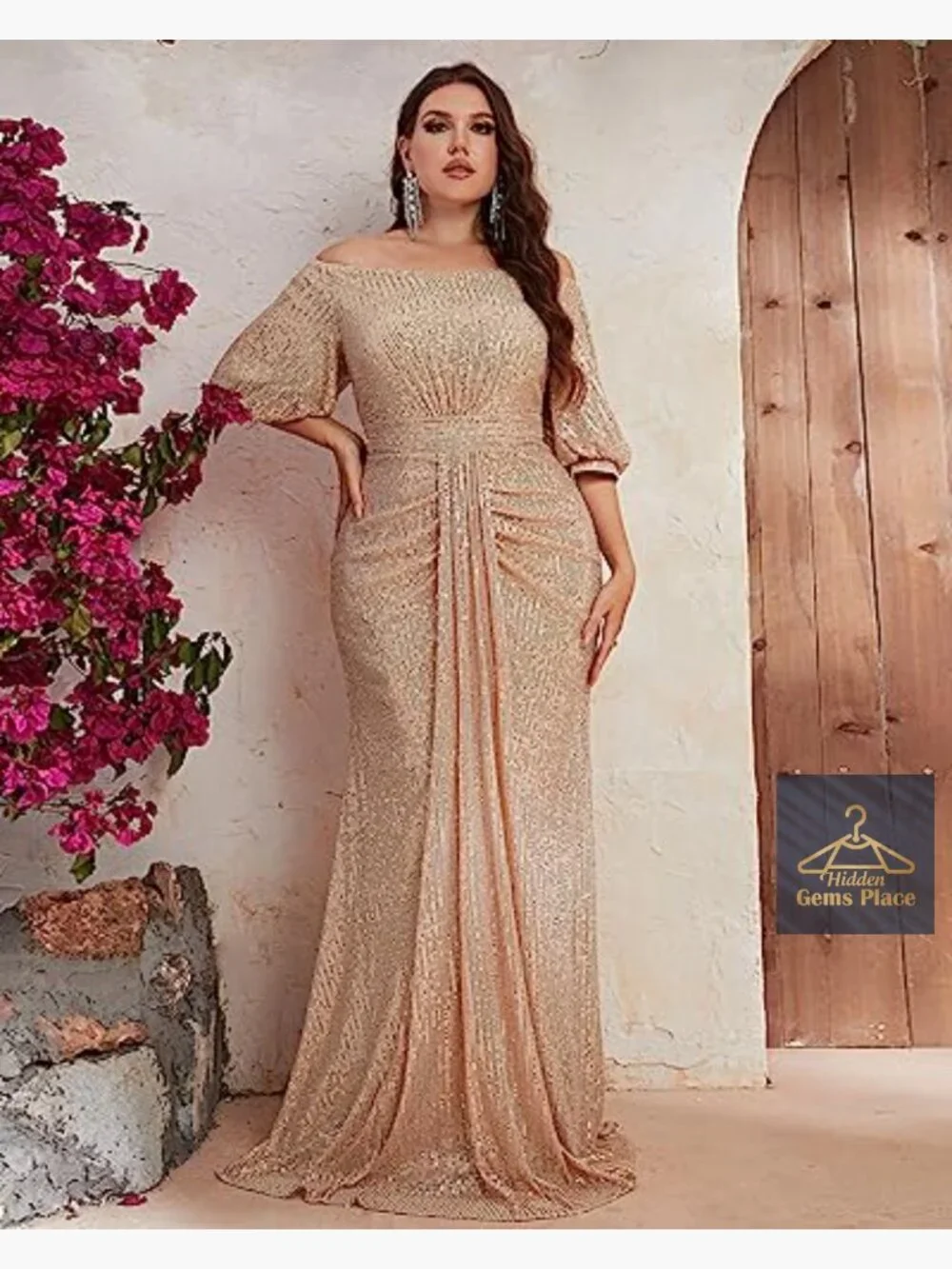 Plus Size Off Shoulder Puff Sleeve Sequin Maxi Dress Formal Evening Gown - Picture 2 of 6